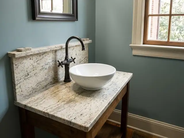 Illustration of a powder room with a custom stone vanity top and stone backsplash ledge